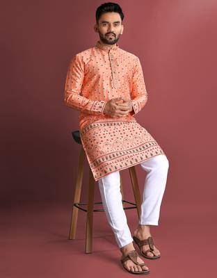 Orange designer daaman men's kurta and Pyjamas for Mens 2