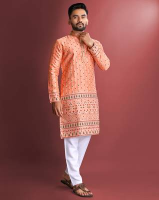 Orange designer daaman men's kurta and Pyjamas for Mens 4