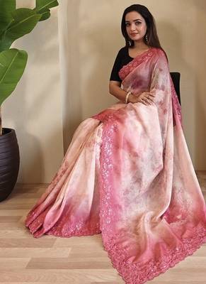 Pink Hand Crafted Organza Saree 3