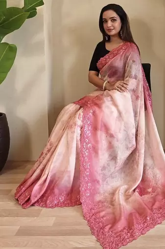 Pink Hand Crafted Organza Saree