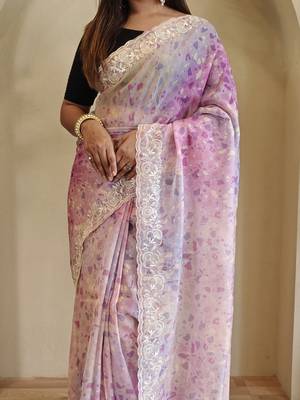 Pastel Pink Hand Crafted Organza Saree 1