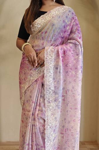Pastel Pink Hand Crafted Organza Saree