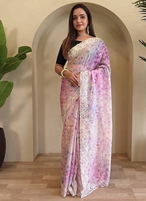 Pastel Pink Hand Crafted Organza Saree 2