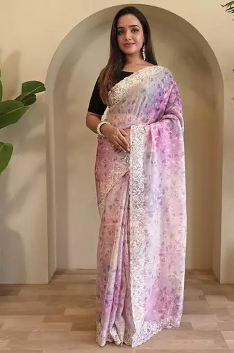 Pastel Pink Hand Crafted Organza Saree