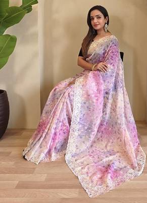 Pastel Pink Hand Crafted Organza Saree 3