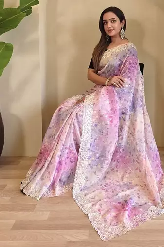 Pastel Pink Hand Crafted Organza Saree