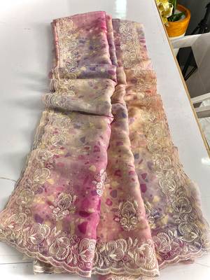 Pastel Pink Hand Crafted Organza Saree 5