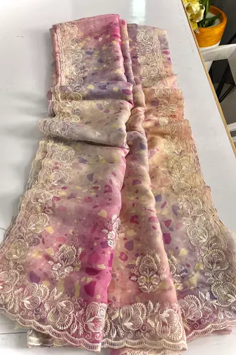 Pastel Pink Hand Crafted Organza Saree
