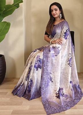 Lavender Hand Crafted Organza Saree 3