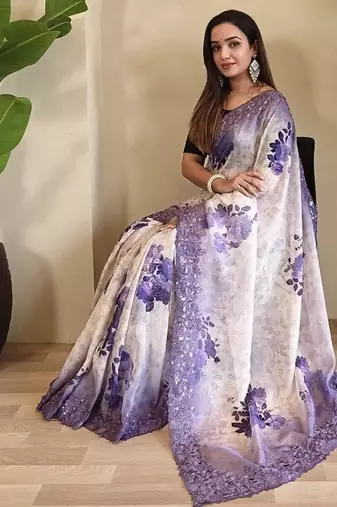 Lavender Hand Crafted Organza Saree