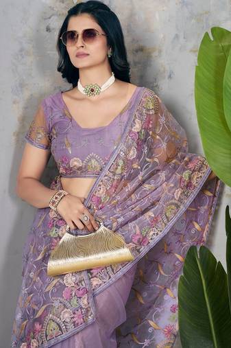 Lavender Chain Stitch Embroidered Butterfly Net Saree
