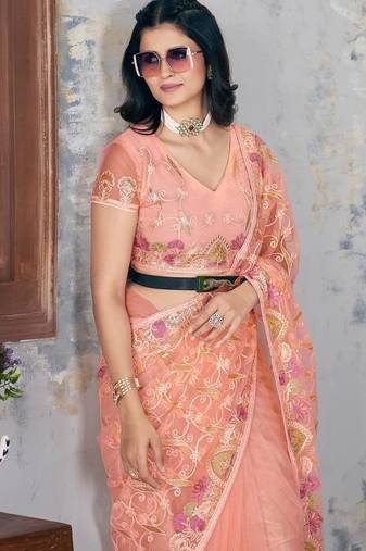 Peach Chain Stitch Embroidered Butterfly Net Saree