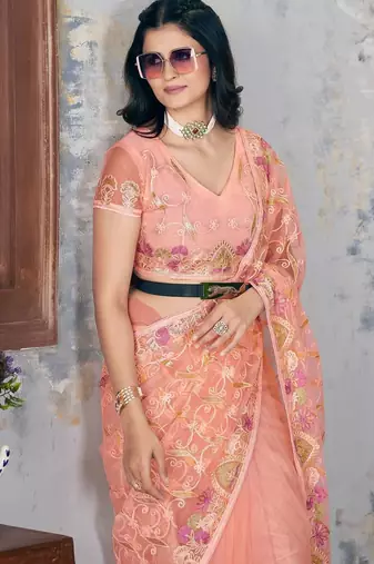 Peach Chain Stitch Embroidered Butterfly Net Saree