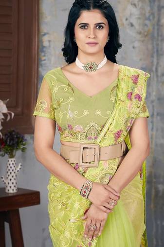 Olive Chain Stitch Embroidered Butterfly Net Saree