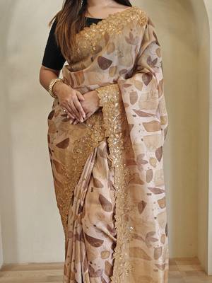Light Brown Hand Crafted Organza Saree 1