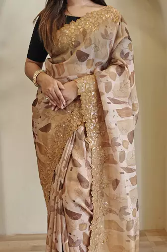 Light Brown Hand Crafted Organza Saree