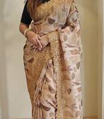 Light Brown Hand Crafted Organza Saree