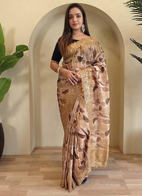 Light Brown Hand Crafted Organza Saree 2
