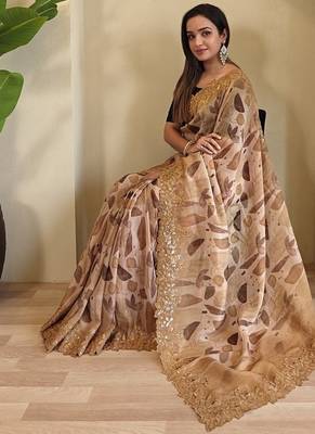 Light Brown Hand Crafted Organza Saree 3