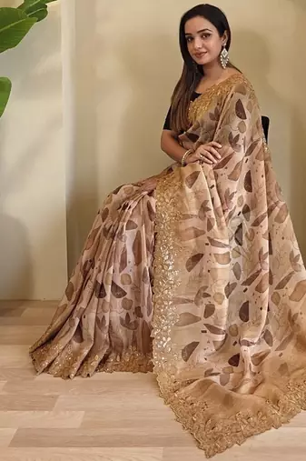 Light Brown Hand Crafted Organza Saree