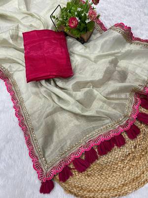 Beige Two Tone Shine Tissue Saree  5