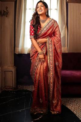 Light Red zari Butta Embroidered Banarasi Crush Saree 3