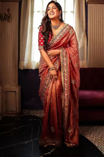 Light Red zari Butta Embroidered Banarasi Crush Saree