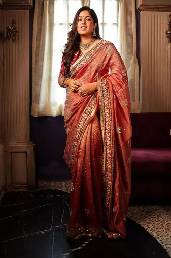 Light Red zari Butta Embroidered Banarasi Crush Saree