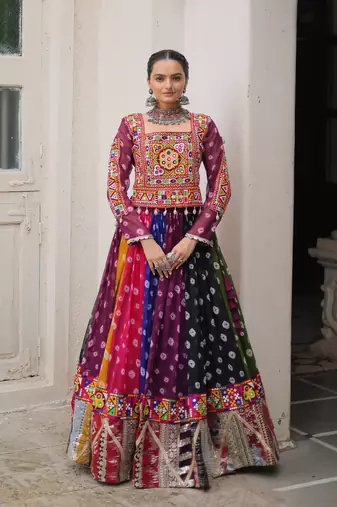 MULTICOLOR GEORGETTE  PRINT WITH VINTAGE & GAMTHI EMBROIDERY WORK STITCHED LEHENGA
