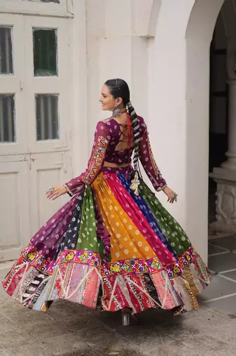 MULTICOLOR GEORGETTE  PRINT VINTAGE GAMTHI EMBROIDERY WORK STITCHED LEHENGA