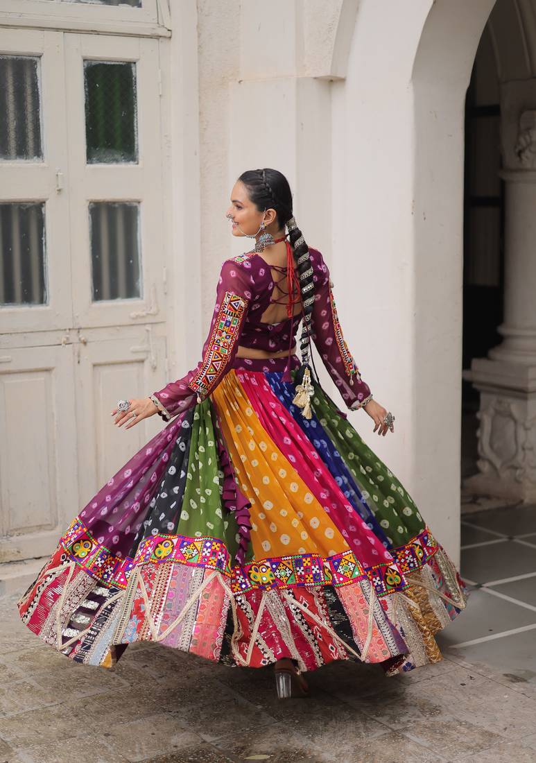 MULTICOLOR GEORGETTE  PRINT VINTAGE GAMTHI EMBROIDERY WORK STITCHED LEHENGA