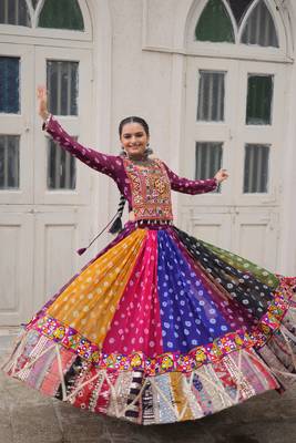 MULTICOLOR GEORGETTE  PRINT VINTAGE GAMTHI EMBROIDERY WORK STITCHED LEHENGA 6