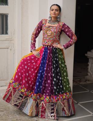 MULTICOLOR GEORGETTE  PRINT VINTAGE GAMTHI EMBROIDERY WORK STITCHED LEHENGA 7