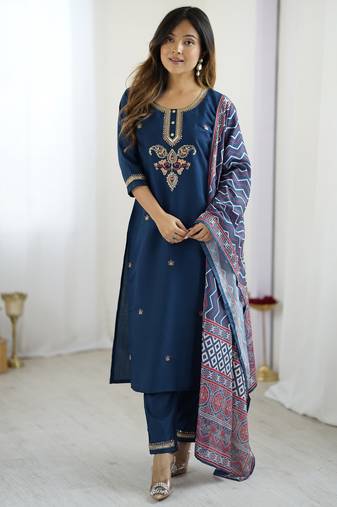 NAVY BLUE CHANDERI SILK EMBROIDERED SUIT