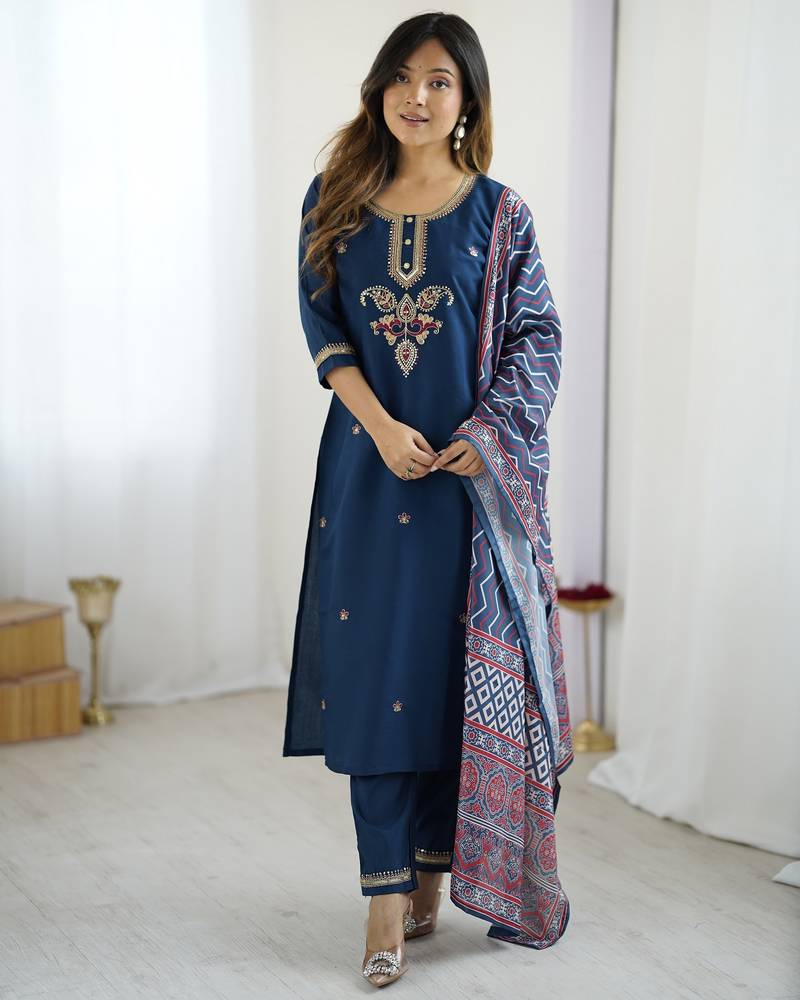 NAVY BLUE CHANDERI SILK EMBROIDERED SUIT