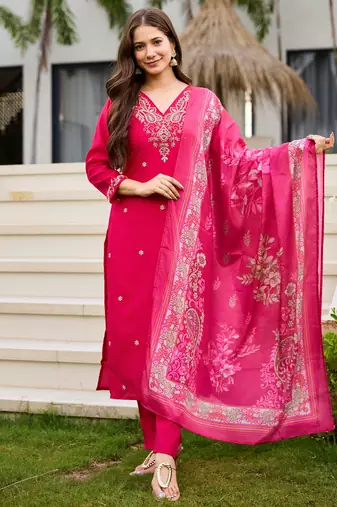 Women Pink Colour Moti  Embroidered Kurta Pant Dupatta 