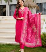 Women Pink Colour Moti Embroidered Kurta Pant Dupatta 