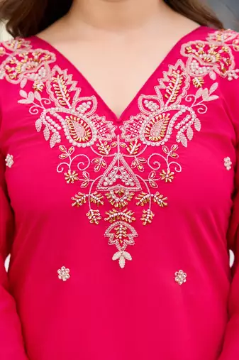 women pink moti embroidered kurta pant dupatta 