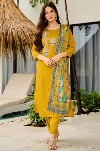 Women Yellow Colour Butterfly Embroidered Kurta Pant Dupatta Set  