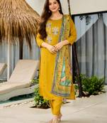 Women Yellow Colour Butterfly Embroidered Kurta Pant Dupatta Set 