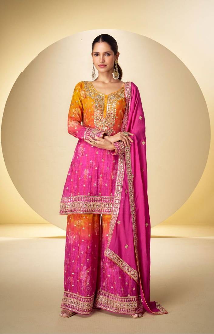 orange and pink wedding wear palazo salwar kamreez with dupatta set