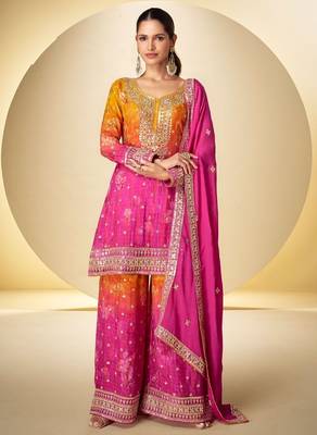 orange and pink palazo salwar kamreez with dupatta set 1