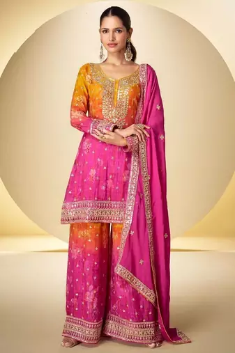 orange and pink wedding wear palazo salwar kamreez with dupatta set