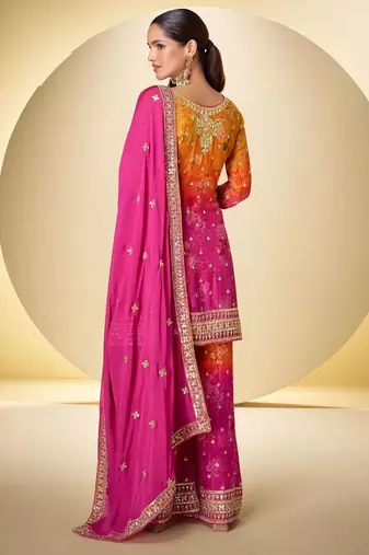 orange and pink palazo salwar kamreez with dupatta set
