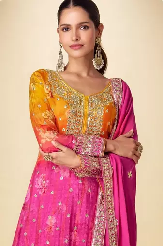 orange and pink palazo salwar kamreez with dupatta set