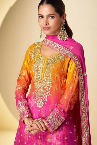 orange and pink palazo salwar kamreez with dupatta set
