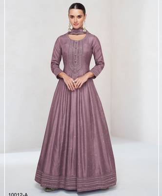 Onion pink embroidered vichitra silk stitched anarkali suit 1