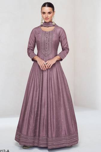 Onion pink embroidered vichitra silk free size stitched anarkali suit