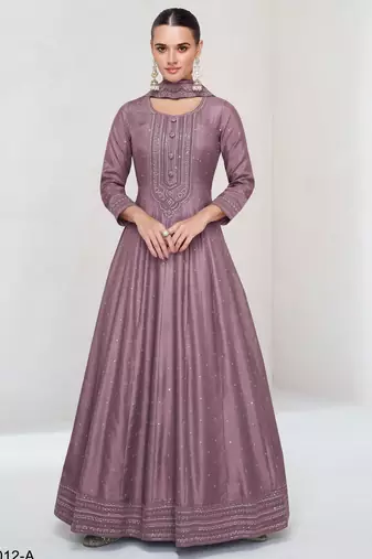 Onion pink embroidered vichitra silk free size stitched anarkali suit