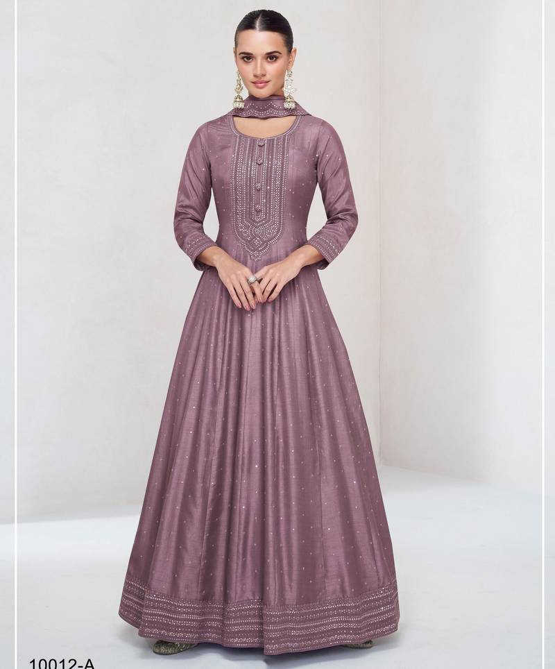 Onion pink embroidered vichitra silk free size stitched anarkali suit